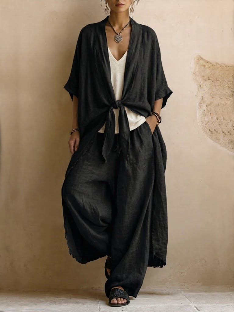 Conjunto de dos piezas de lino y algodón estilo bohemio: cárdigan largo y pantalón