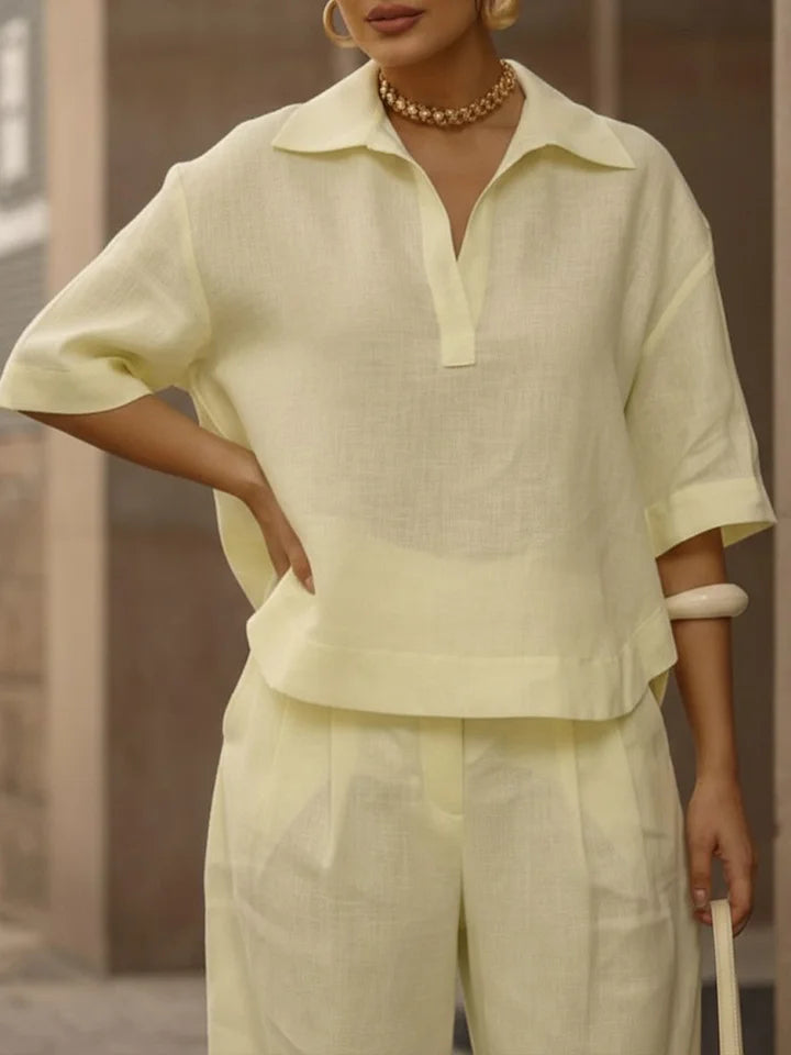 Conjunto de dos piezas de camisa de lino y algodón casual de mujer y pantalones de pierna ancha