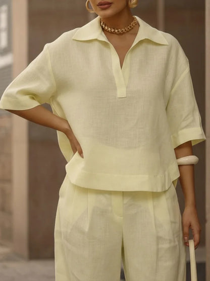Conjunto de dos piezas de camisa de lino y algodón casual de mujer y pantalones de pierna ancha