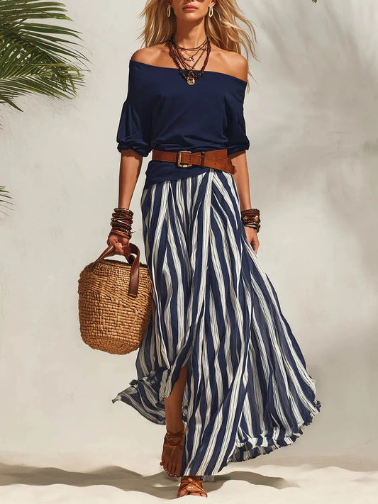 Women's Off-shoulder 3/4-sleeve Casual Top & High-waisted Skirt Cotton Set
