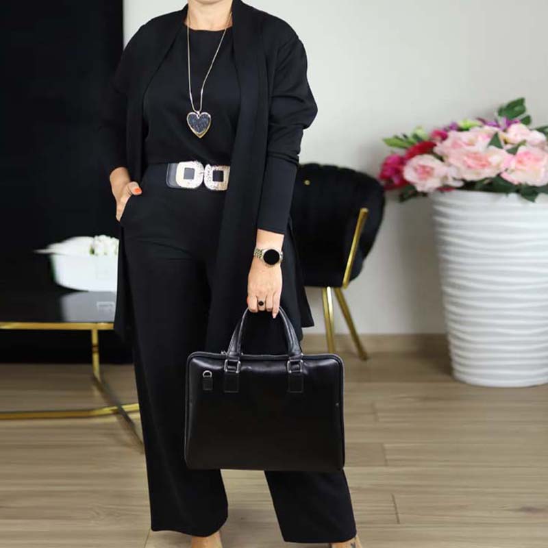 Elegante conjunto de 3 piezas que incluye cárdigan largo, top y pantalón
