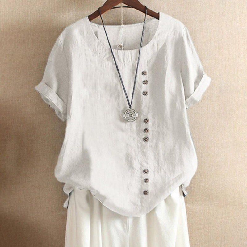 Round Neck Solid Color Buttons Short Sleeves T-shirt