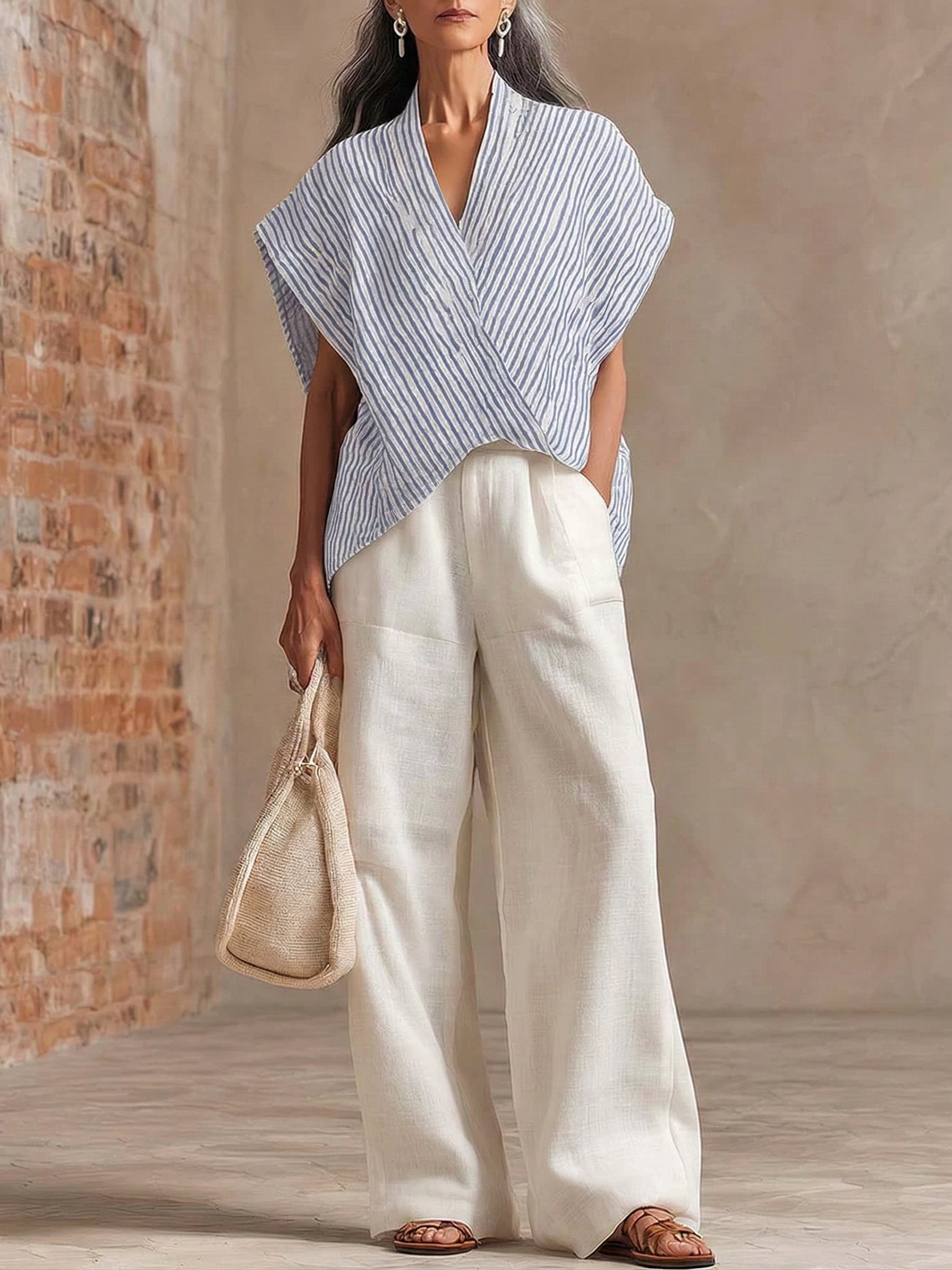 Artistic Cut Striped Top And Wide-leg Pants Linen Two-piece Set