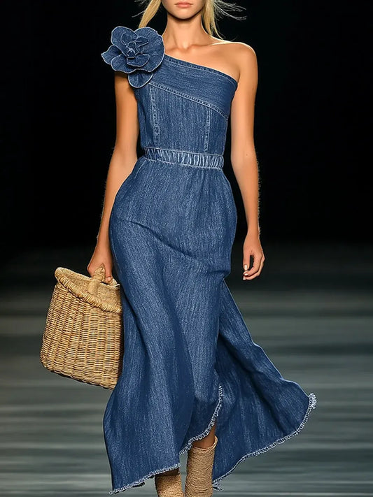 Robe longue en jean élégante à fleurs sans bretelles pour femme