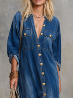 Loose-fitting Double-pocket Button-down Denim Long-sleeved Maxi Dress