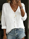 Women's Cotton Linen Loose Solid Color Long-sleeved Shirt