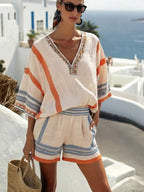 Women's Casual Vacation V-neck Striped Print Top and Shorts Two-piece Set