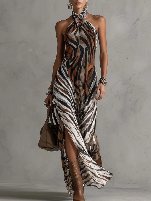 Stylish Halter Neck Sexy Animal Print Maxi Dress