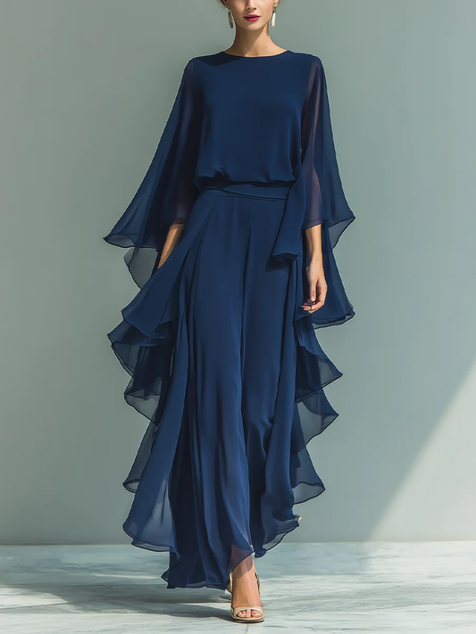 Ensemble deux pièces chemise à volants élégante et fluide et pantalon large