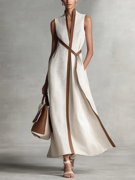 Women's Stand-up Collar Sleeveless Casual Loose Cotton And Linen Dress