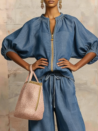Cozy Stylish Zip-up Top And Wide-leg Jeans Set