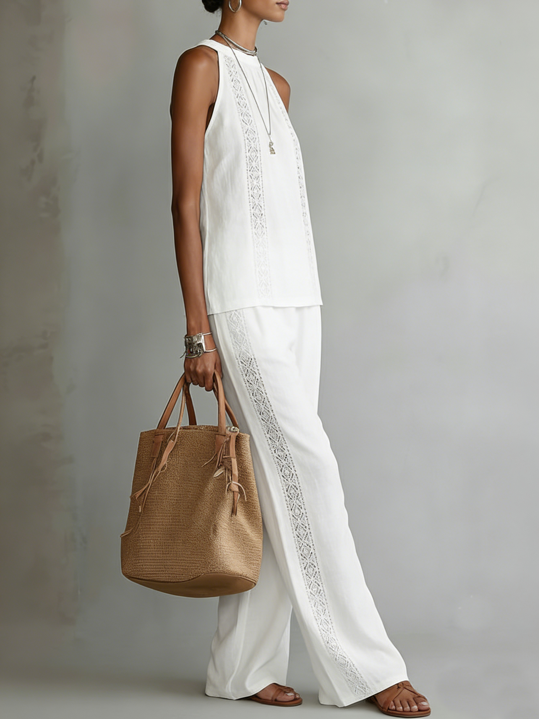 Retro Cozy Lace Top And Wide-leg Pants Linen Set