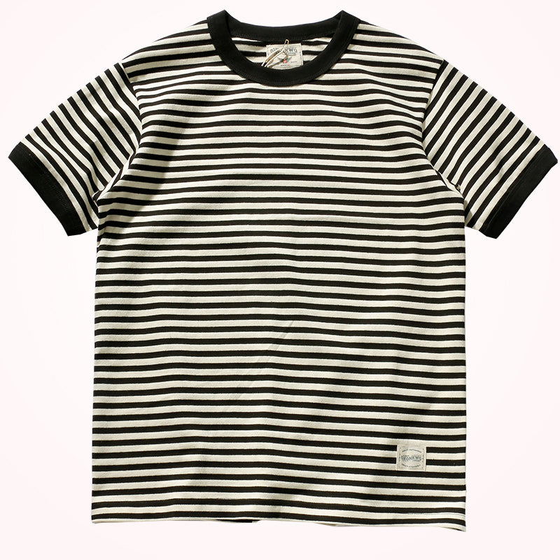 Vintage Double Yarn Pure Cotton Round Neck Striped Short-Sleeved T-Shirt