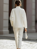 Women's Solid Color Stand Collar Long Sleeve Casual Loose Cotton Top And High Waist Casual Loose Trousers Set