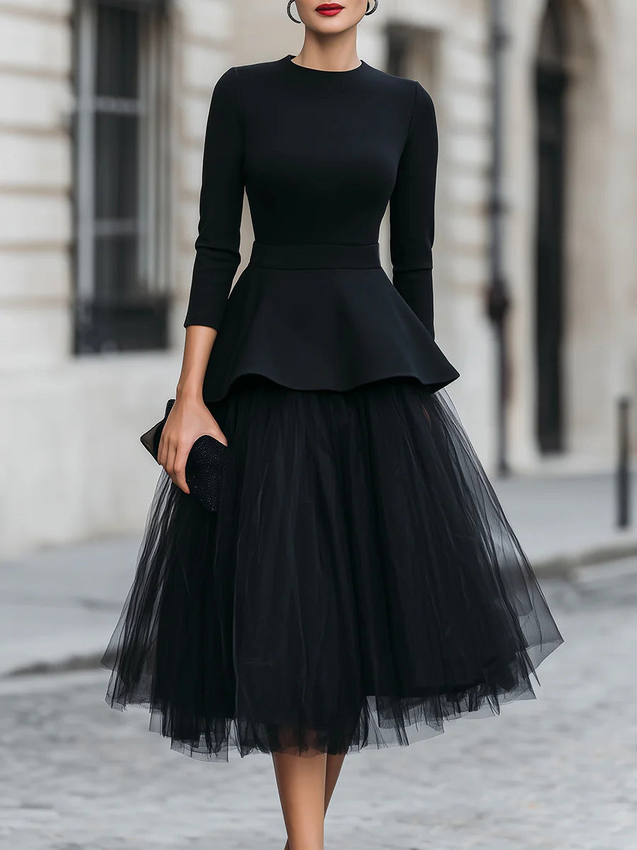 Women's Round-neck 3/4-sleeve Loose Casual Top & High-waisted Mesh Skirt Set