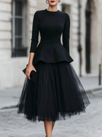 Women's Round-neck 3/4-sleeve Loose Casual Top & High-waisted Mesh Skirt Set