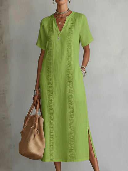 Retro Cozy Lace V-neck Loose Linen Cotton Dress