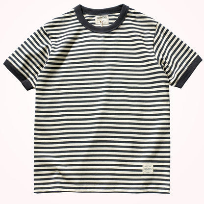 Vintage Double Yarn Pure Cotton Round Neck Striped Short-Sleeved T-Shirt