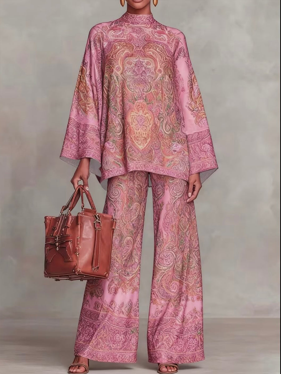 Cozy And Loose-fitting Retro Print Top And Pants Two-piece Set