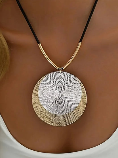 Women's Metal Textured Double Circle Pendant Necklace