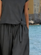 Women's Stand-Collar, Tie-Waist, Short-Sleeved Suit Set