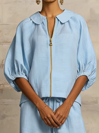 Stylish Peter Pan Collar Zip-up Shirt And Wide-leg Pant Linen Cotton Set