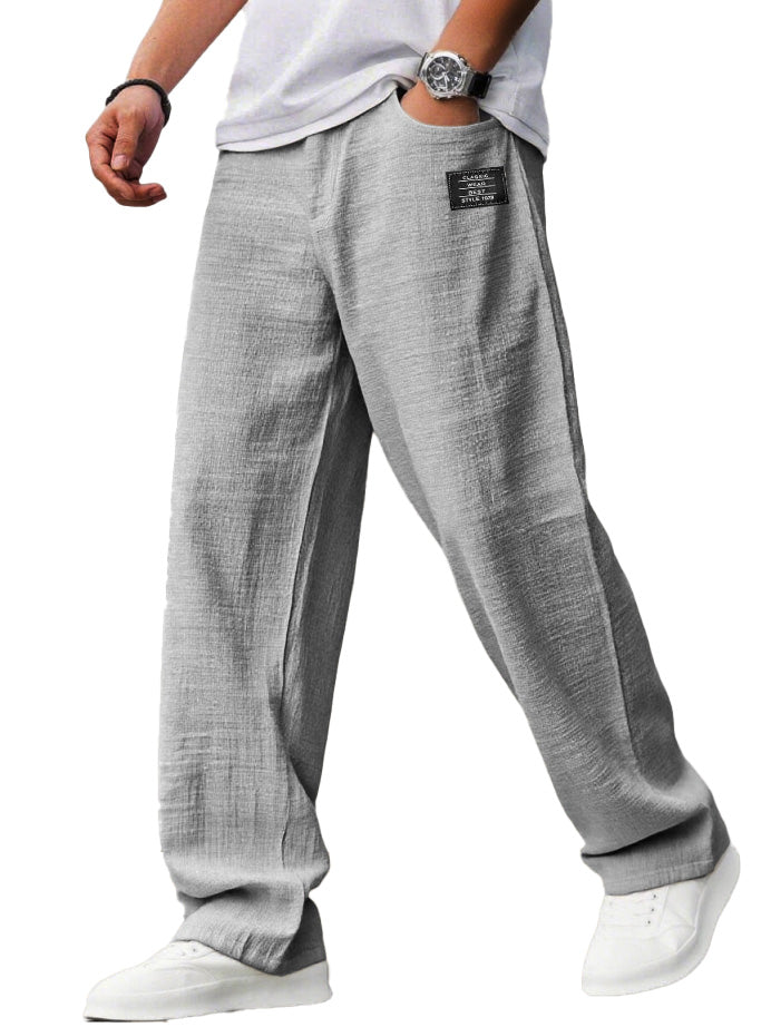 Men's Casual Hemp Fabric Embroidered Logo Drawstring Loose Elastic Waist Pocket Trousers