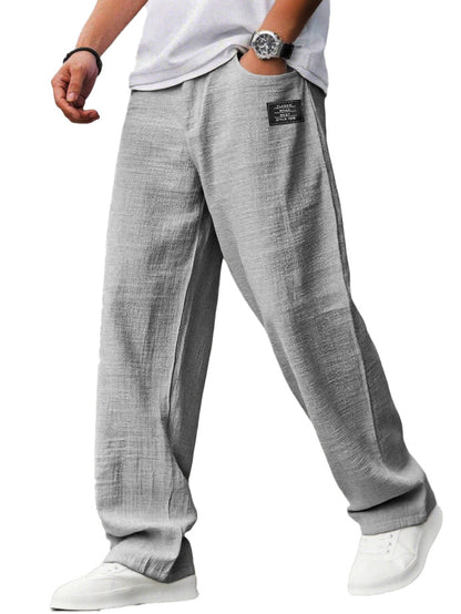 Men's Casual Hemp Fabric Embroidered Logo Drawstring Loose Elastic Waist Pocket Trousers