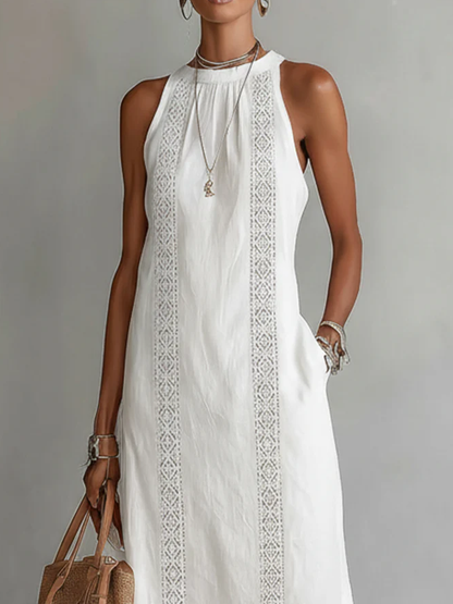 🌿 Vestido Minimalista de Lino con Encaje Estilo Retro y Acogedor — Atemporal. Elegante. Tú, sin esfuerzo.