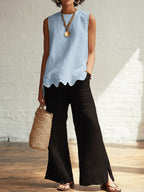 Elegant Minimalist Wavy Hem Shirt And Trousers Two-piece Set