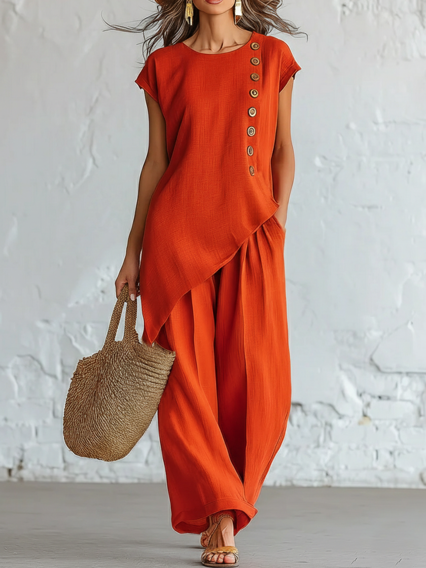 Casual Cozy Artistic Cut Button Linen Cotton Set