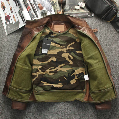 Vintage Oil Waxed Canvas Leather Biker Jacket