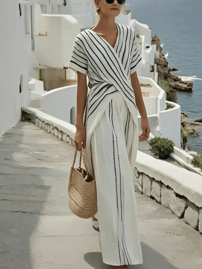 Women'S Loose Striped Resort Pants Set