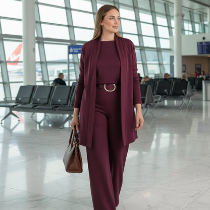 Elegante conjunto de 3 piezas que incluye cárdigan largo, top y pantalón