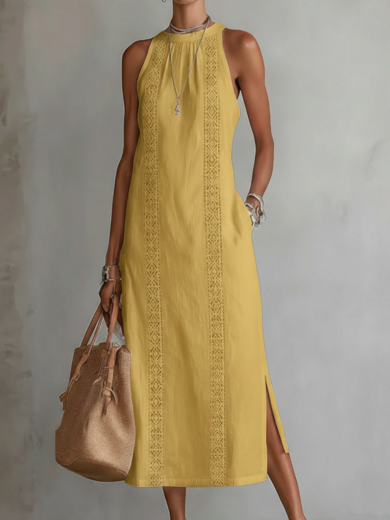🌿 Vestido Minimalista de Lino con Encaje Estilo Retro y Acogedor — Atemporal. Elegante. Tú, sin esfuerzo.