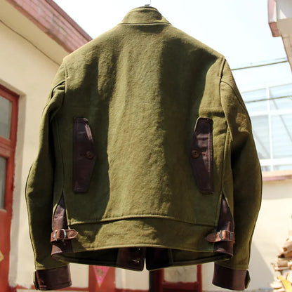 Vintage Oil Waxed Canvas Leather Biker Jacket