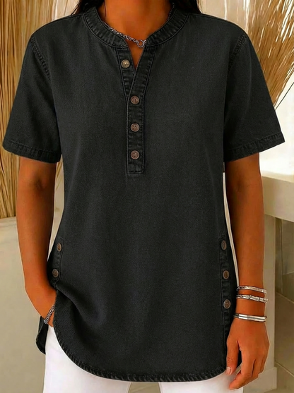 Women's V-neck short-sleeved Casual Button-up Loose Denim Top