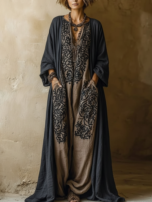 Ensemble deux pièces vintage bohème en coton et lin imprimé