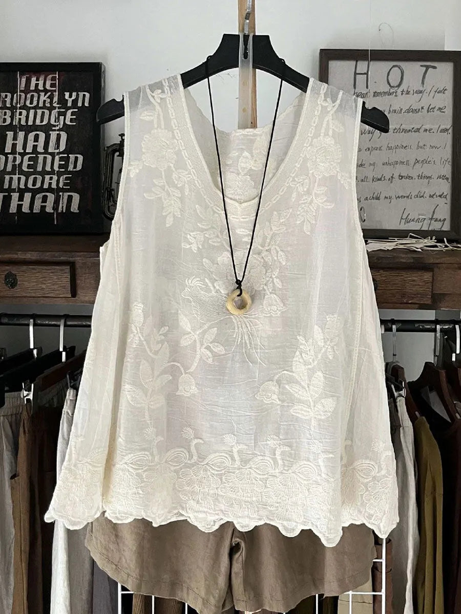 Women's Vintage Lace Sleeveless Cotton And Linen Vest Top