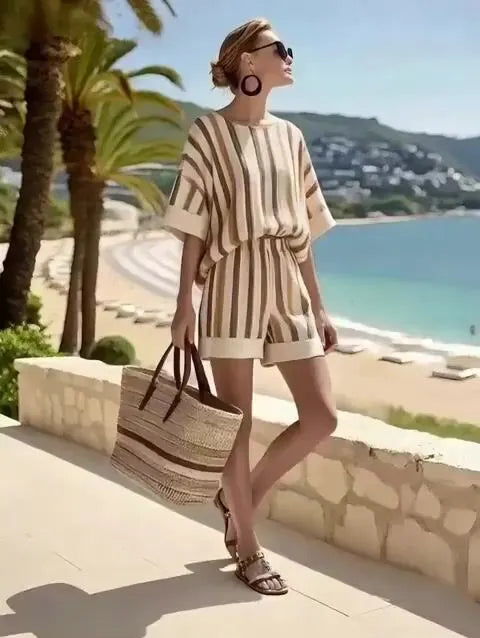 Women's Loose Striped Holiday Shorts Set