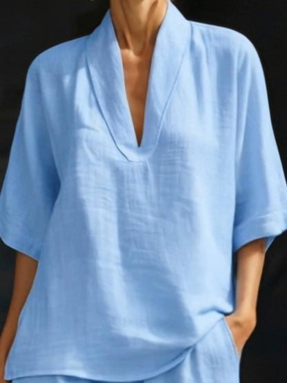 Minimalist Cozy V-neck Shirt And Shorts Linen Cotton Two-piece Set