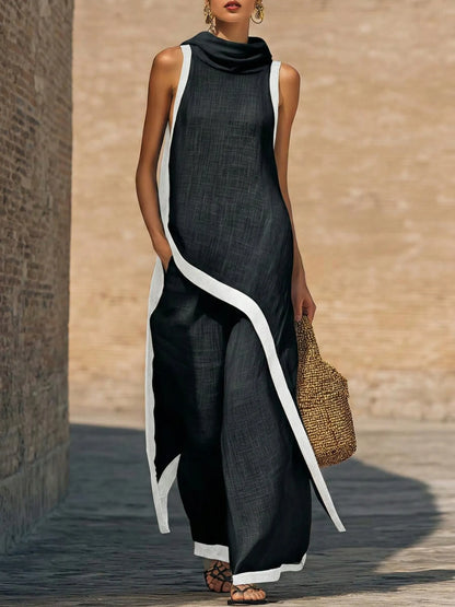 Conjunto de dos piezas de lino y algodón elegante con corte artístico