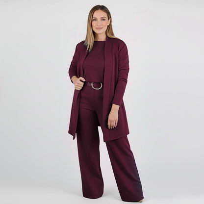 Elegante conjunto de 3 piezas que incluye cárdigan largo, top y pantalón