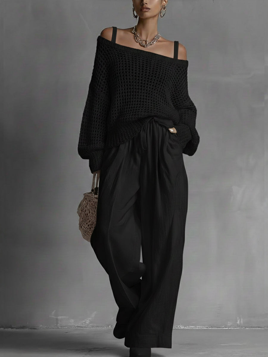 Women's Cozy Openwork Knit Top And Linen-cotton Pants Two-piece Set.