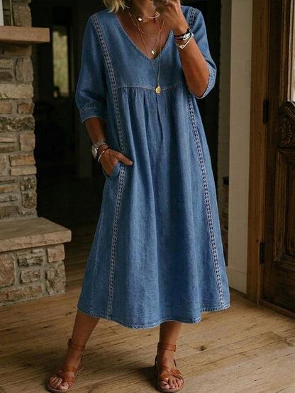 Robe en jean à dentelle pour femme – Robe en jean décontractée et ample de style vintage