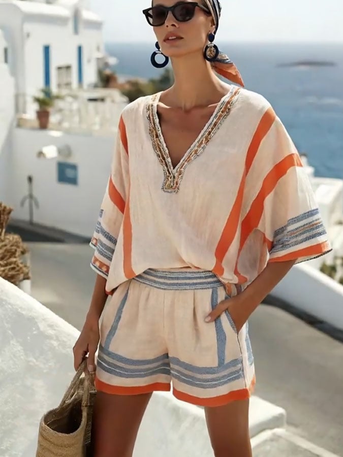 Women's Casual Vacation V-neck Striped Print Top and Shorts Two-piece Set