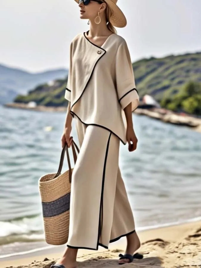 Women'S Loose Striped Printed Wide Leg Pants Set