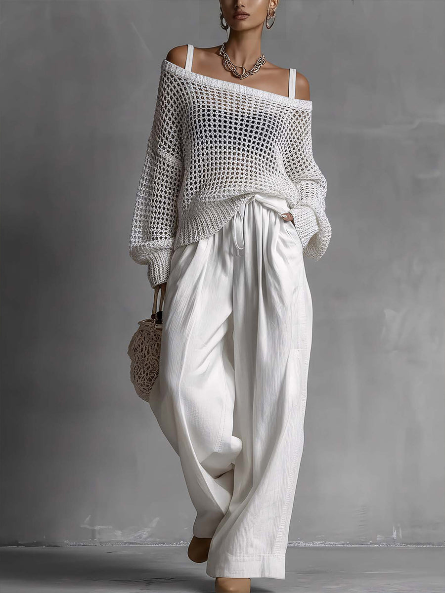 Women's Cozy Openwork Knit Top And Linen-cotton Pants Two-piece Set.