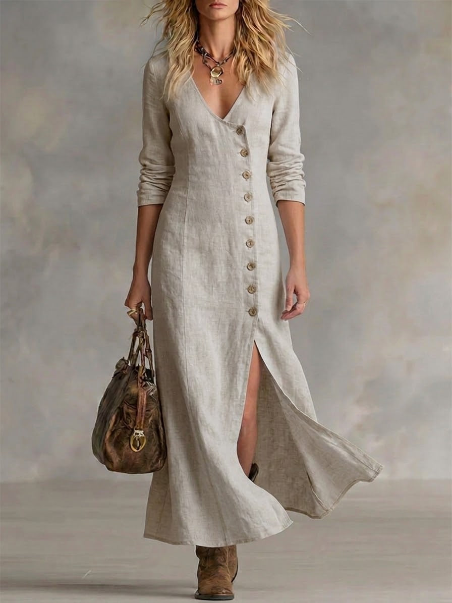Robe décontractée boutonnée en lin et coton