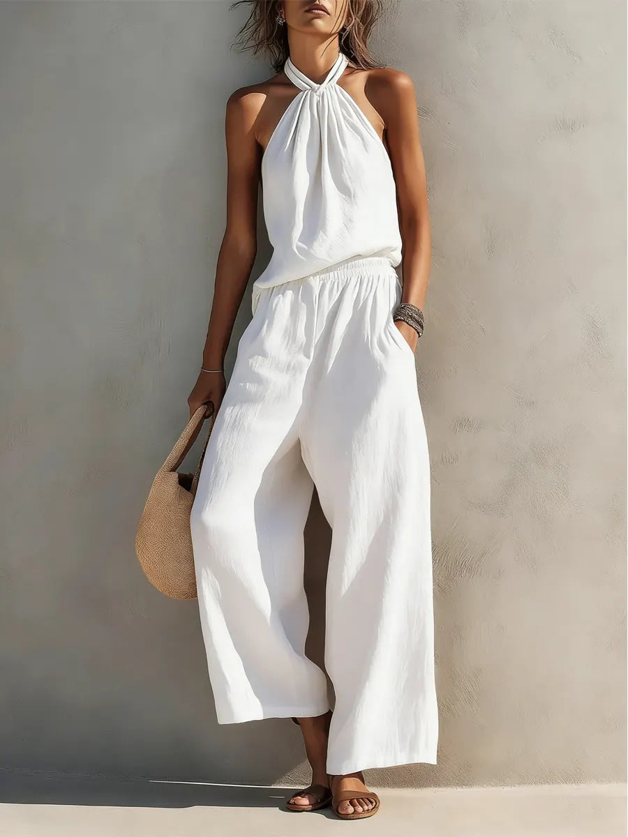 Women's Casual Halter Top And Wide-leg Pants Cotton And Linen Set